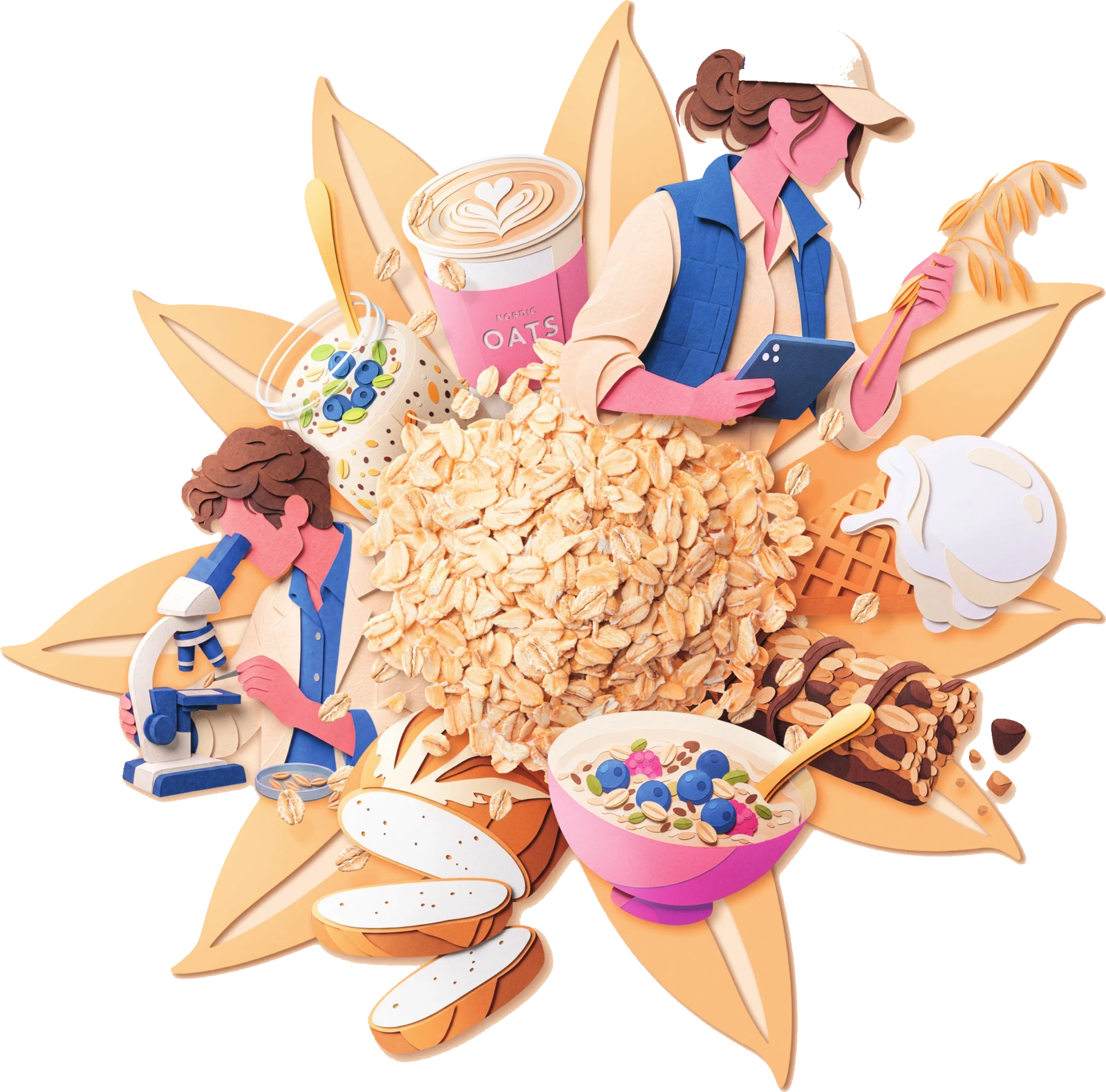 Papercut illustration of oat flakes surrounded by a farmer with a tablet, a researcher at a microscope, oat bread, an oat latte, oat ice cream, a breakfast bowl and an oat bar